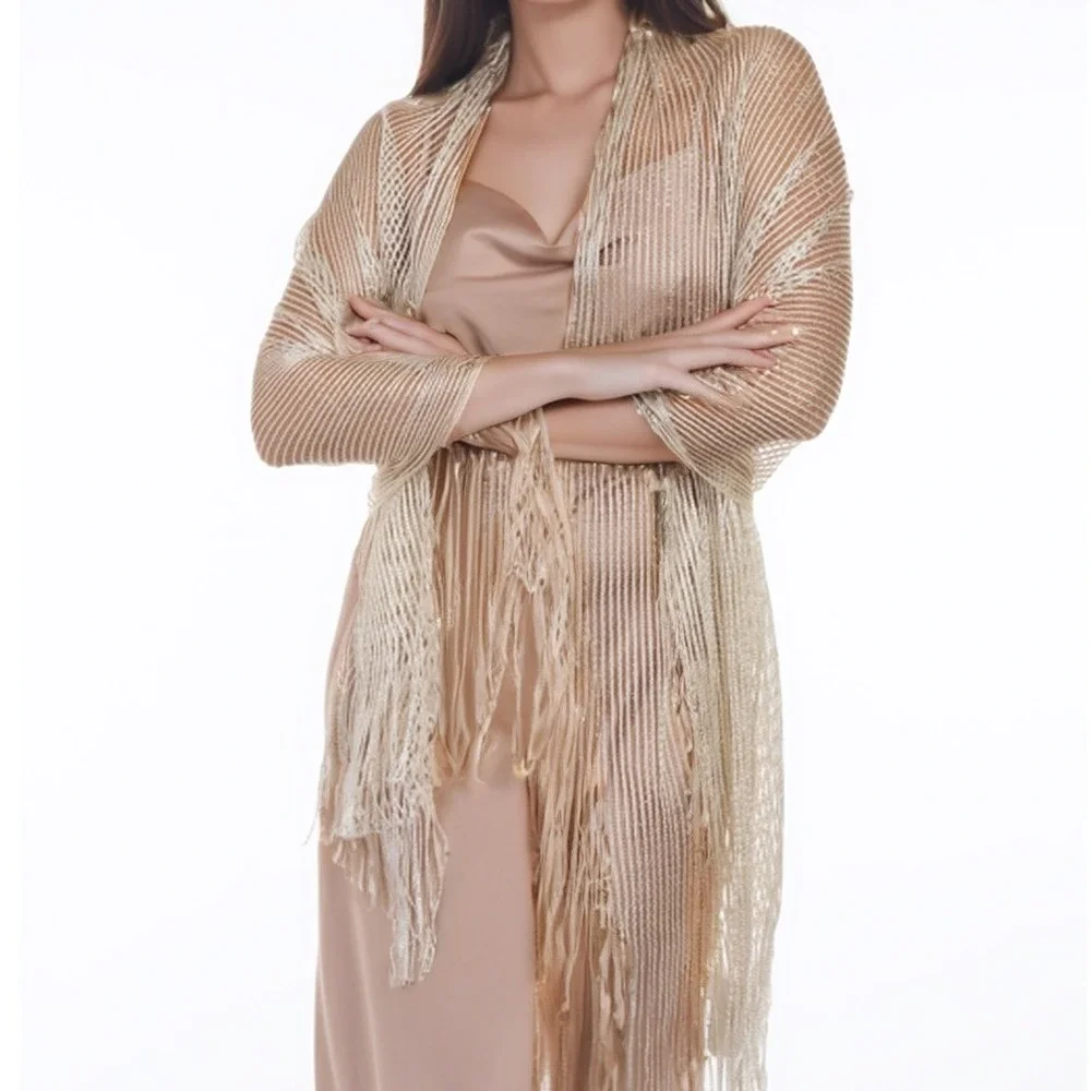 INC International Concepts Womens Wrap Scarf OS Winter Metallic Mesh Fringe NWT